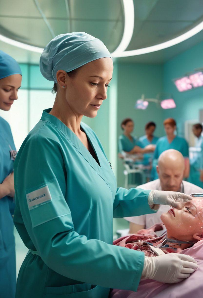 A compassionate surgeon guiding a diverse group of cancer patients through a futuristic hospital filled with advanced surgical technology. The atmosphere is hopeful, showcasing a blend of emotional support and innovation, with vibrant illustrations of anatomical models and surgical instruments in the background. Soft, natural lighting accents the warmth of human connection. super-realistic. vibrant colors. uplifting atmosphere.