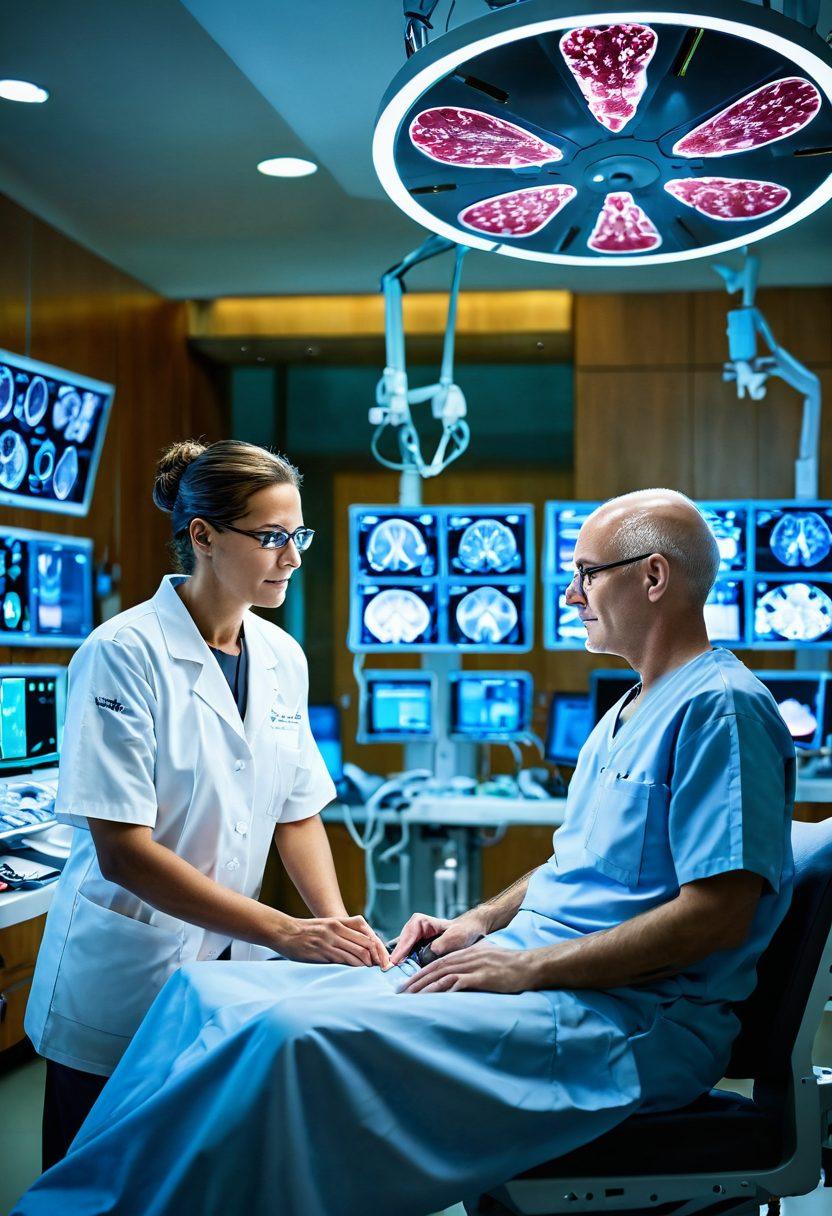 A patient in a modern oncological ward, surrounded by advanced surgical equipment, engaging with an empathetic surgeon who explains a cutting-edge treatment plan. Soft, warm lighting enhances the hopeful atmosphere, while diagrams of cellular structures and technological innovations subtly blend into the background. Diverse healthcare professionals collaborating in the background, showcasing teamwork in cancer care. super-realistic. vibrant colors. 3D.