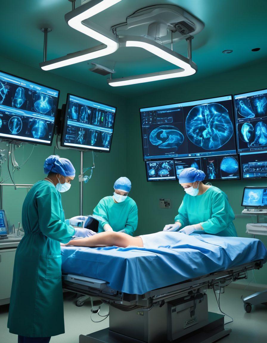 A powerful illustration showcasing a surgical team in action, operating in a high-tech, modern surgical room. The scene should include intricate surgical tools and advanced technology, highlighting the precision of cancer interventions. In the background, a glowing digital display shows the patient's condition improving, symbolizing hope and recovery. The color scheme should be a mix of calming blues and greens to evoke trust and healing. super-realistic. vibrant colors. 3D.